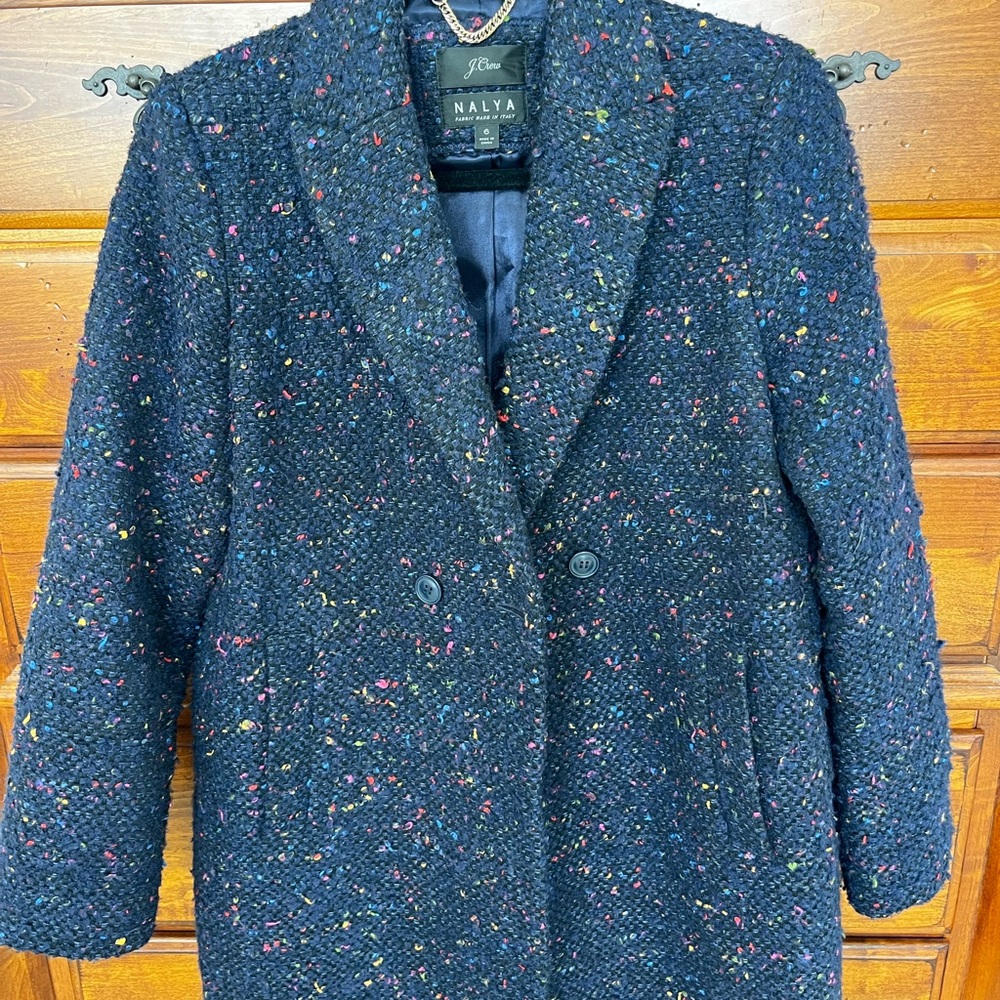 J Crew Nalya Women's Navy w/ Multicolor Tweed Coat, Size 6